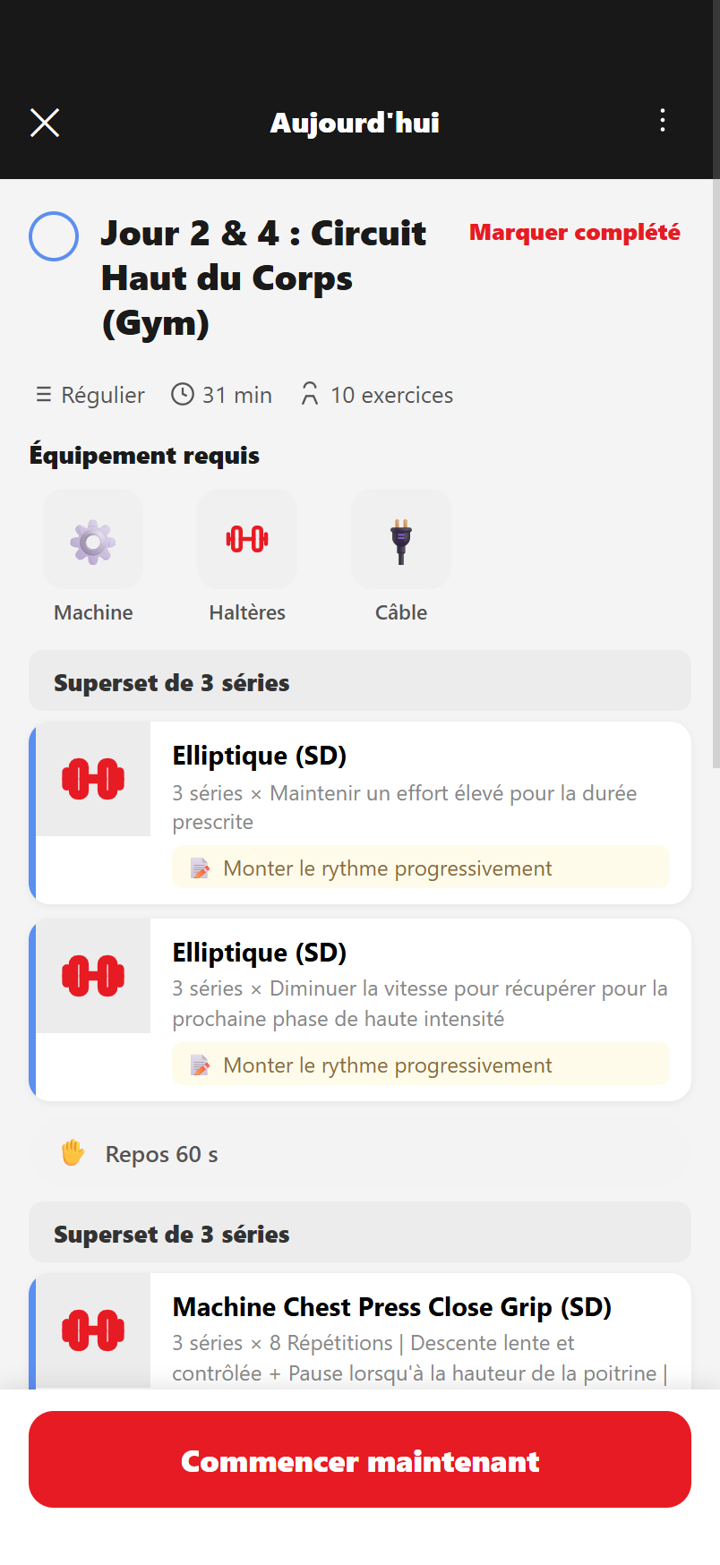 Le matériel s'affiche avant les exercices