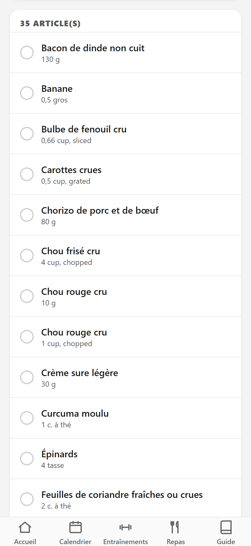 Une seule liste, avec les quantités