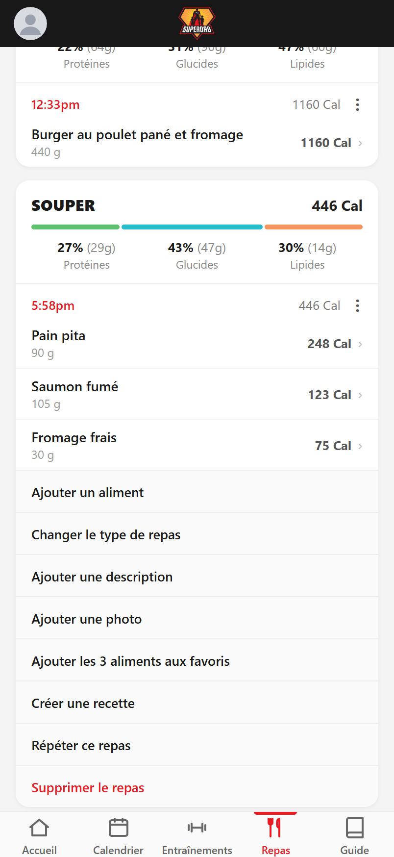 Le menu ⋮ de chaque repas