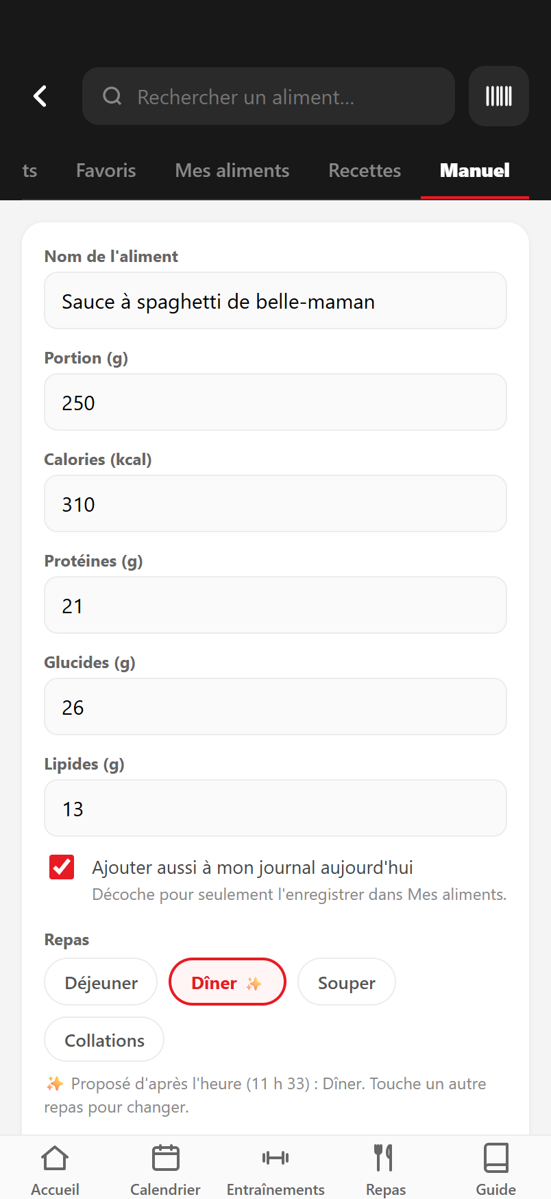 Crée un aliment qui n'existe nulle part